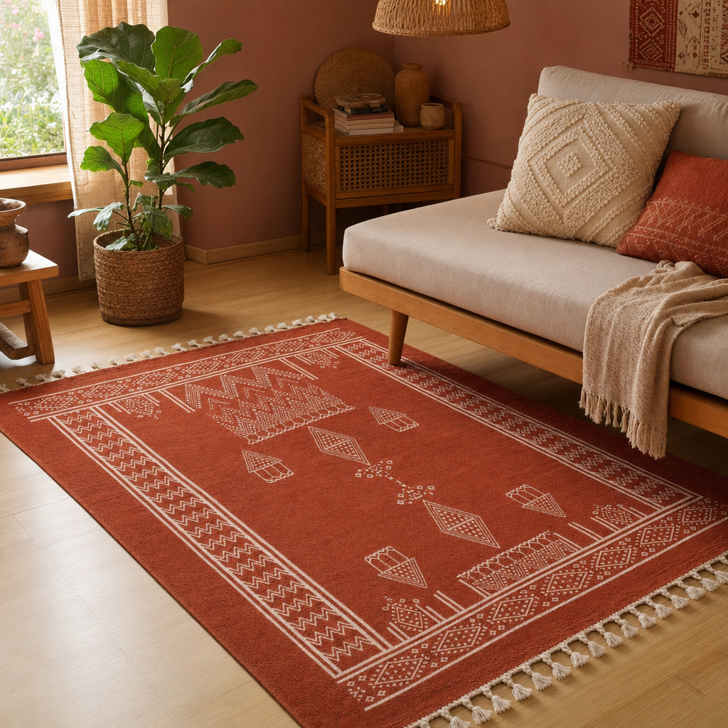 Mandana Diamond Hand-Printed Rust Cotton Rug in a modern home