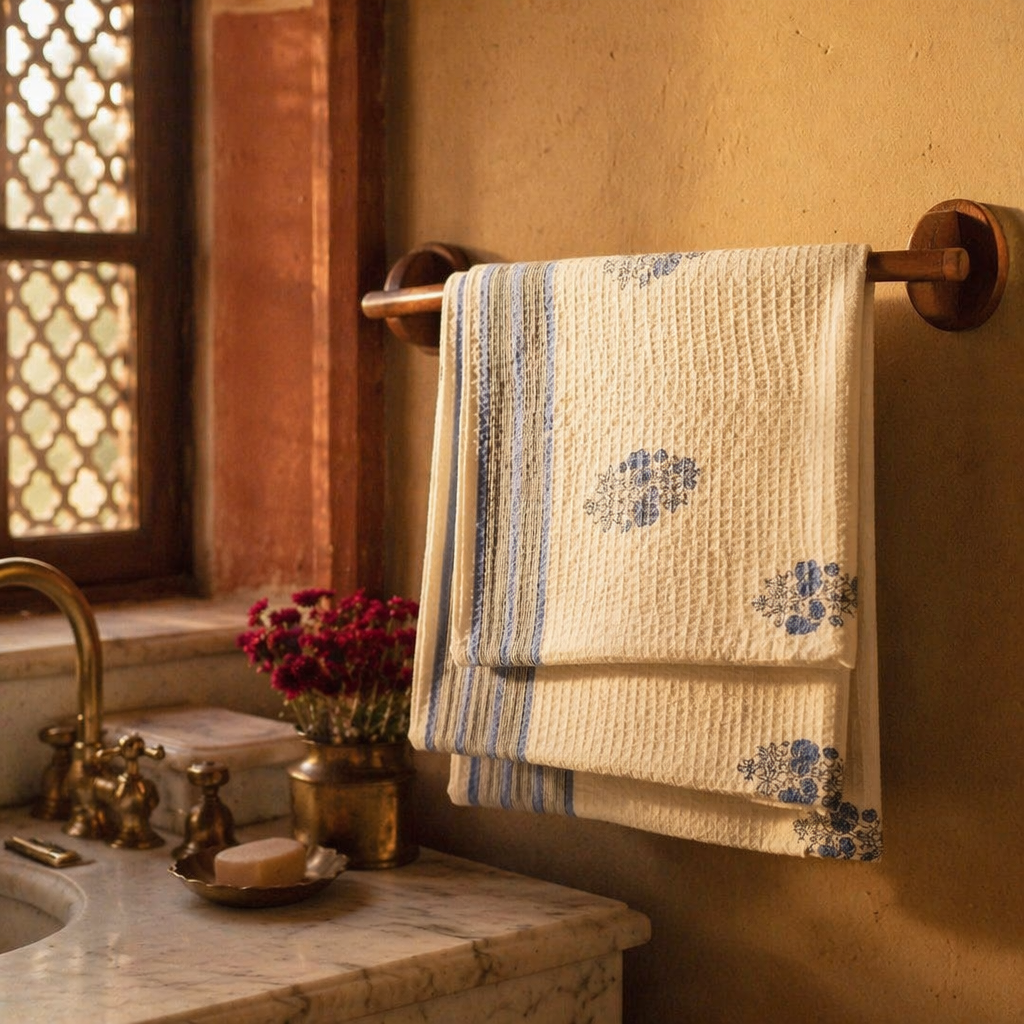 Blue Floral Hand Block-Printed Cotton Bath Towel, The Linen Room. Handmade in India by House of Taraasha.