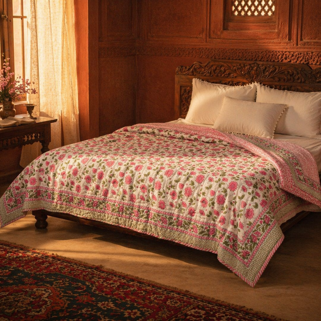 Dahlia Pink and White Jaipuri Razai, The Linen Room. Handmade in India by House of Taraasha.