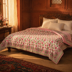 Dahlia Pink and White Jaipuri Razai, The Linen Room. Handmade in India by House of Taraasha.