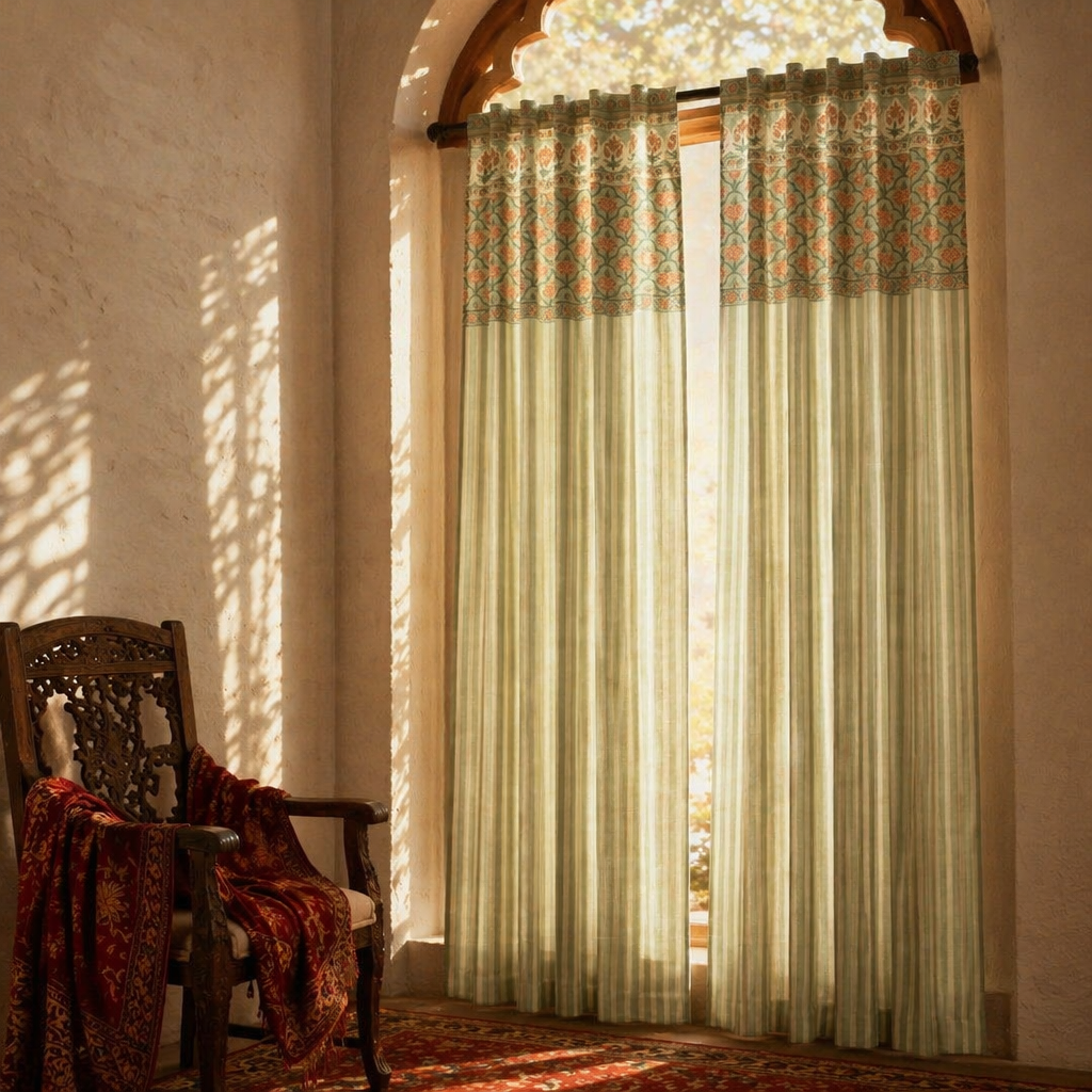 Green and Dusty Pink Floral Stripe Cotton Door Curtain, The Draped Window. Handmade in India by House of Taraasha.