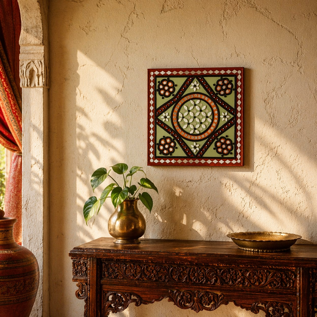 Green Lippan Square Mud & Mirror Wall Hanging, The Art Wall. Handmade in India by House of Taraasha.