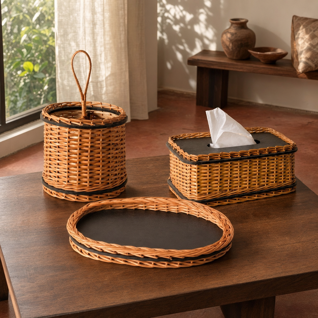 Kashmir Willow Tray, Cutlery Caddy & Tissue Box in a modern home