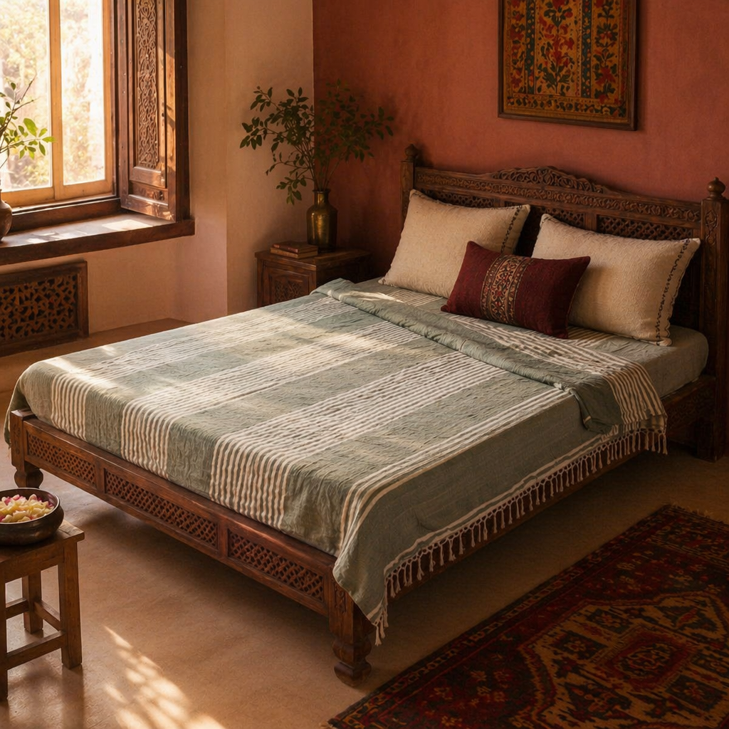 Royal Courtyards Green Striped Handwoven Bed Cover, The Linen Room. Handmade in India by House of Taraasha.