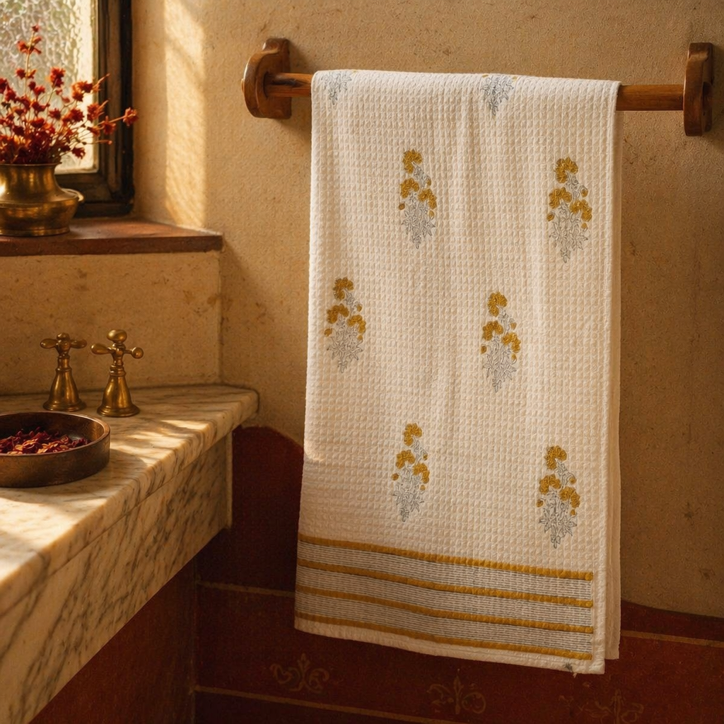 Floral Hand-Printed Waffle Weave Bath Towel, The Linen Room. Handmade in India by House of Taraasha.