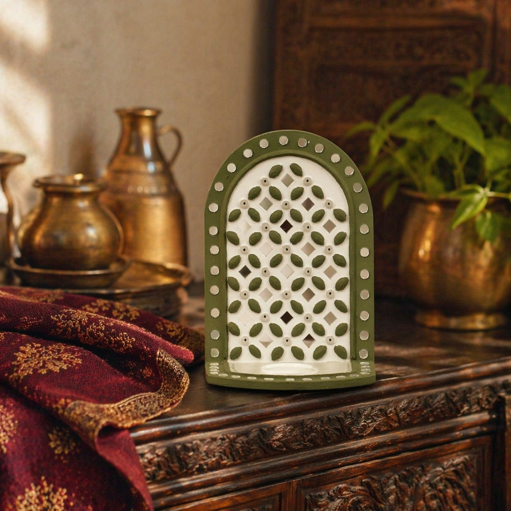 Green Lippan Mud and Mirror Tea Light Holder, Still Light. Handmade in India by House of Taraasha.