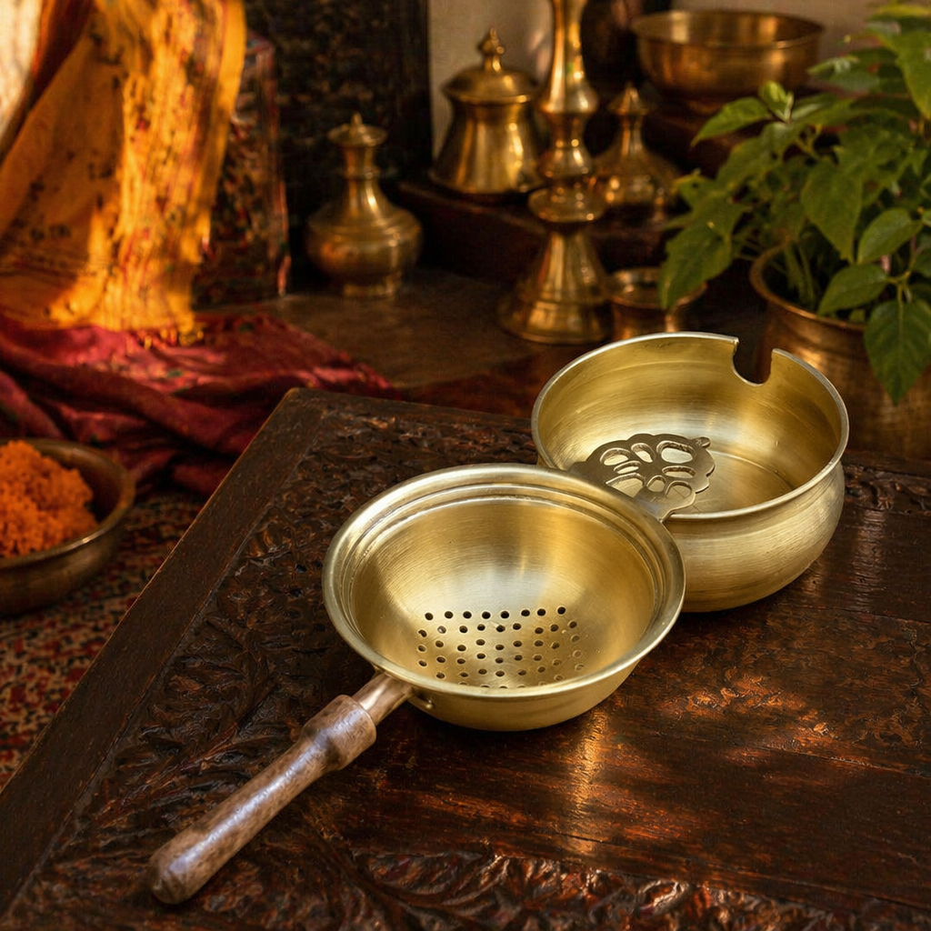 Mould-Cast and Polished Brass Tea Strainer with Wooden Handle