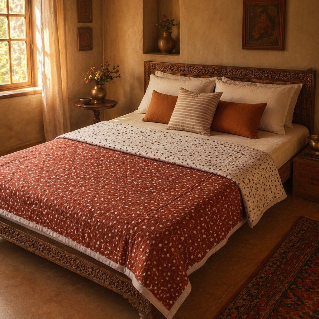 Rust and Off-White Royal Courtyards Reversible Quilt, The Linen Room. Handmade in India by House of Taraasha.