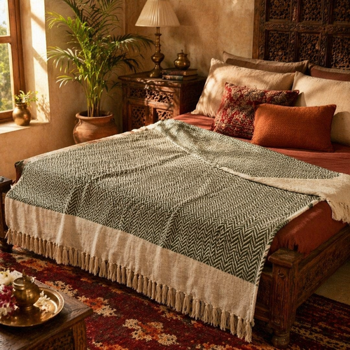 Chevron Green Handwoven Pure Cotton Throw, The Linen Room. Handmade in India by House of Taraasha.