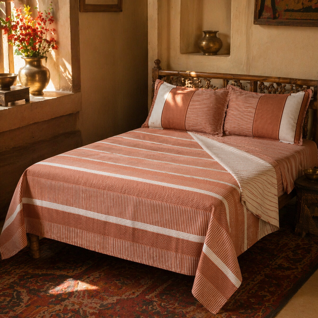 Marigold Rust and Off-White Block-Printed Bedsheet, The Linen Room. Handmade in India by House of Taraasha.