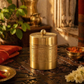 Moradabad Floral-Etched Pure Brass Dabba, The Brass Atelier. Handmade in India by House of Taraasha.