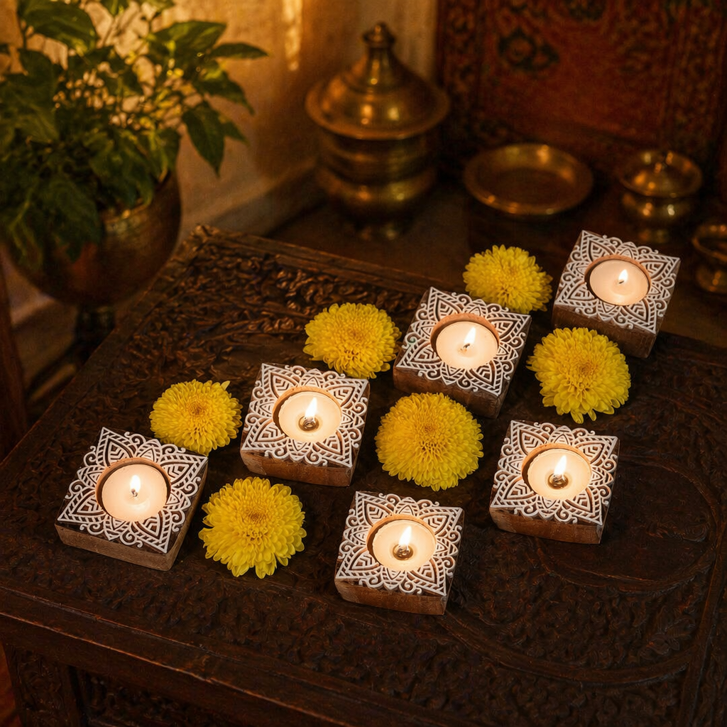 Carved Diya Hand-Engraved Wooden Tea Light Holders, Still Light. Handmade in India by House of Taraasha.