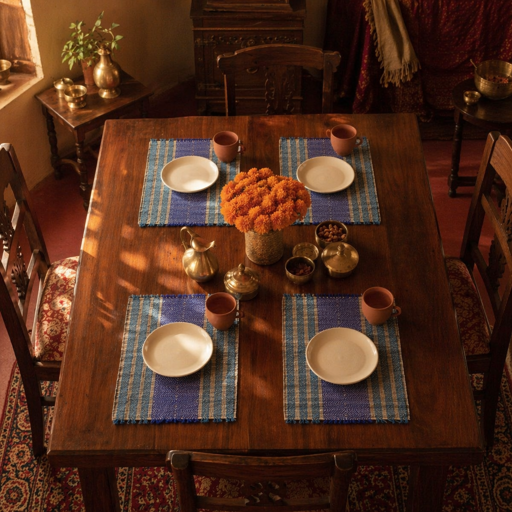Teal & Cobalt Blue Madur Grass Table Mat, The Gathered Table. Handmade in India by House of Taraasha.