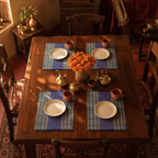 Teal & Cobalt Blue Madur Grass Table Mat, The Gathered Table. Handmade in India by House of Taraasha.