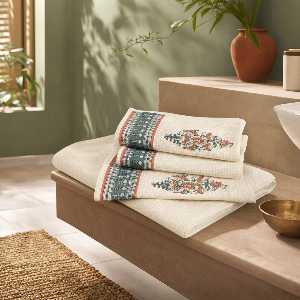 Peach and Teal Hand Block-Printed Waffle Cotton Towel Set in a modern home