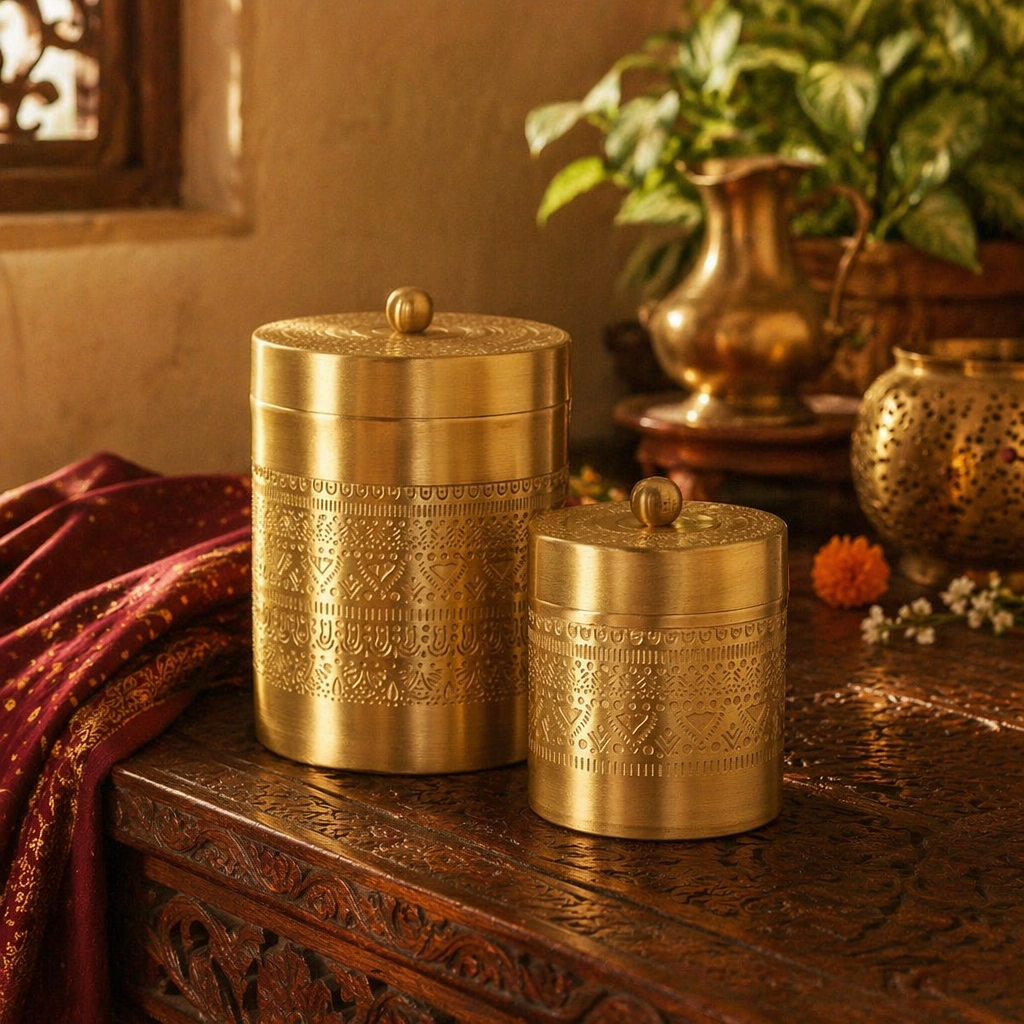 Moradabad Floral-Etched Brass Dabba Set of Two, The Brass Atelier. Handmade in India by House of Taraasha.