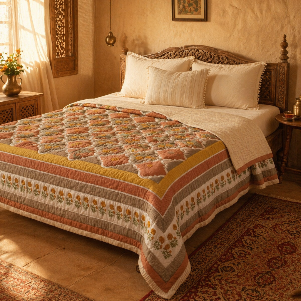 Rust & Taupe Marigold Cotton Quilt, The Linen Room. Handmade in India by House of Taraasha.
