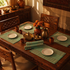 Aqua Green & Beige Madur Grass Table Mat, The Gathered Table. Handmade in India by House of Taraasha.