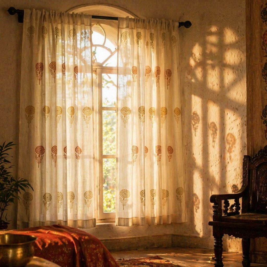 Sheer Rust, Mustard and Taupe Mulmul Curtain, The Draped Window. Handmade in India by House of Taraasha.