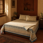 Chintz Taupe and Navy Blue Bedsheet, The Linen Room. Handmade in India by House of Taraasha.