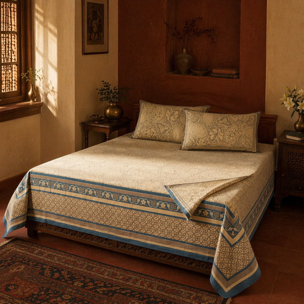 Chintz Taupe and Navy Blue Bedsheet, The Linen Room. Handmade in India by House of Taraasha.