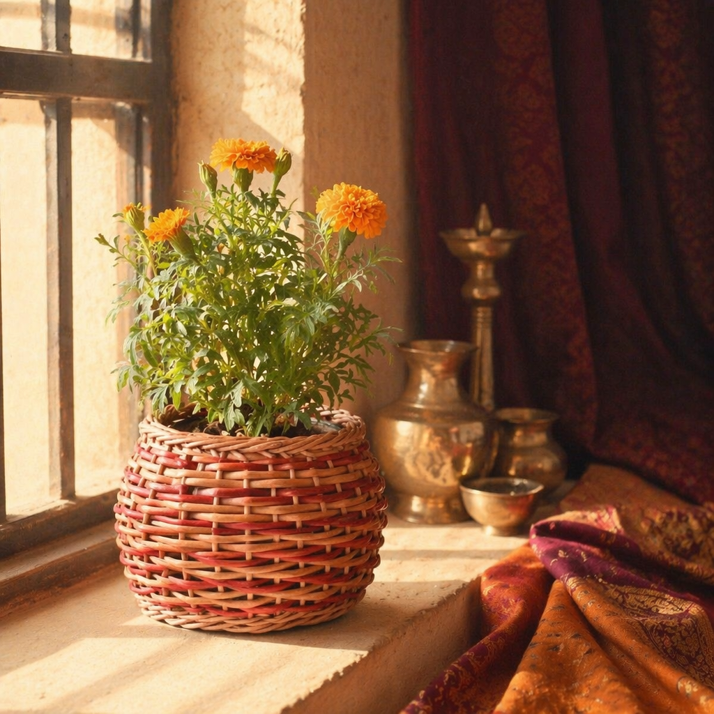 Willow Wicker Planter Rust and Indigo, Kashmir, The Art Wall. Handmade in India by House of Taraasha.