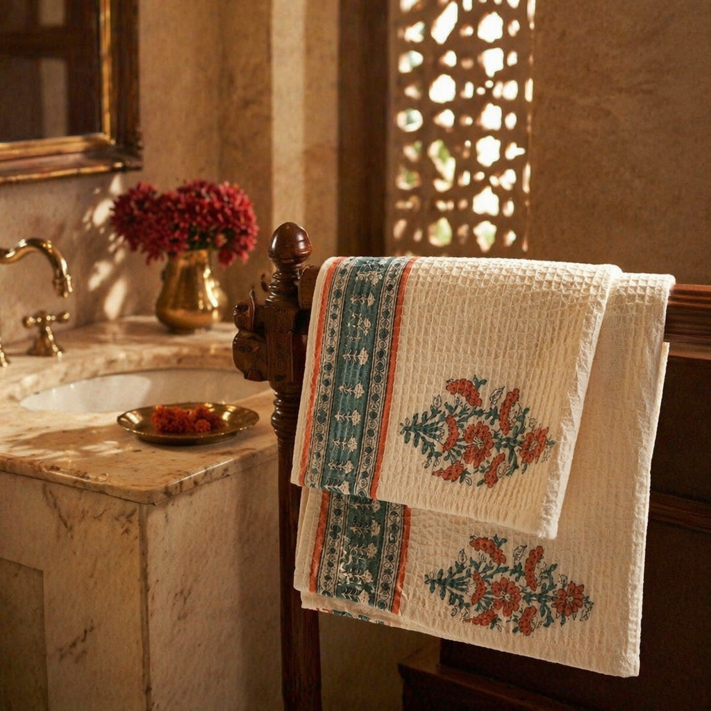 Peach and Teal Hand Block-Printed Waffle Cotton Towel Set, The Linen Room. Handmade in India by House of Taraasha.