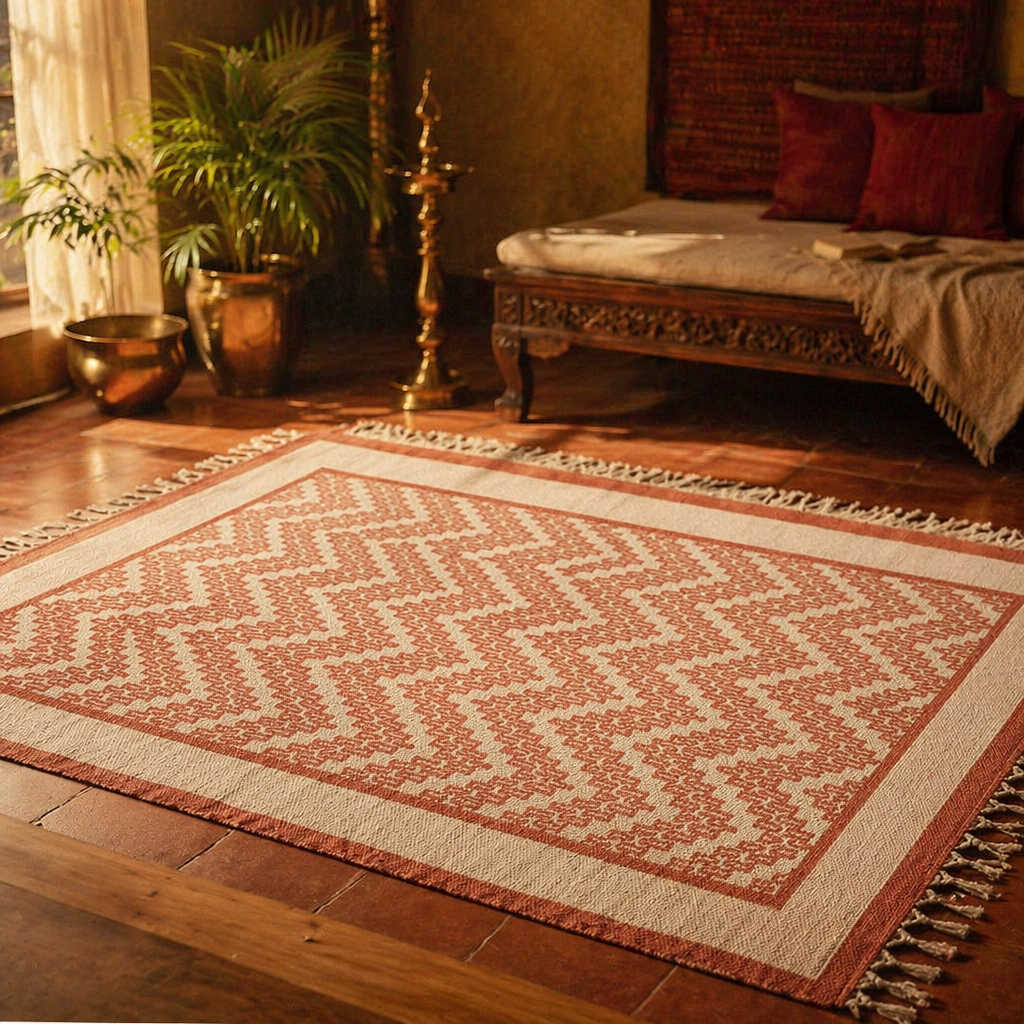 Chintz Chevron Ivory and Coral Hand Block-Printed Rug, The Woven Floor. Handmade in India by House of Taraasha.
