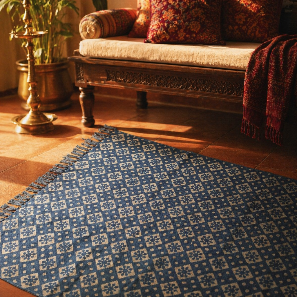 Dabu Mud-Resist Indigo Block-Printed Cotton Rug, The Woven Floor. Handmade in India by House of Taraasha.