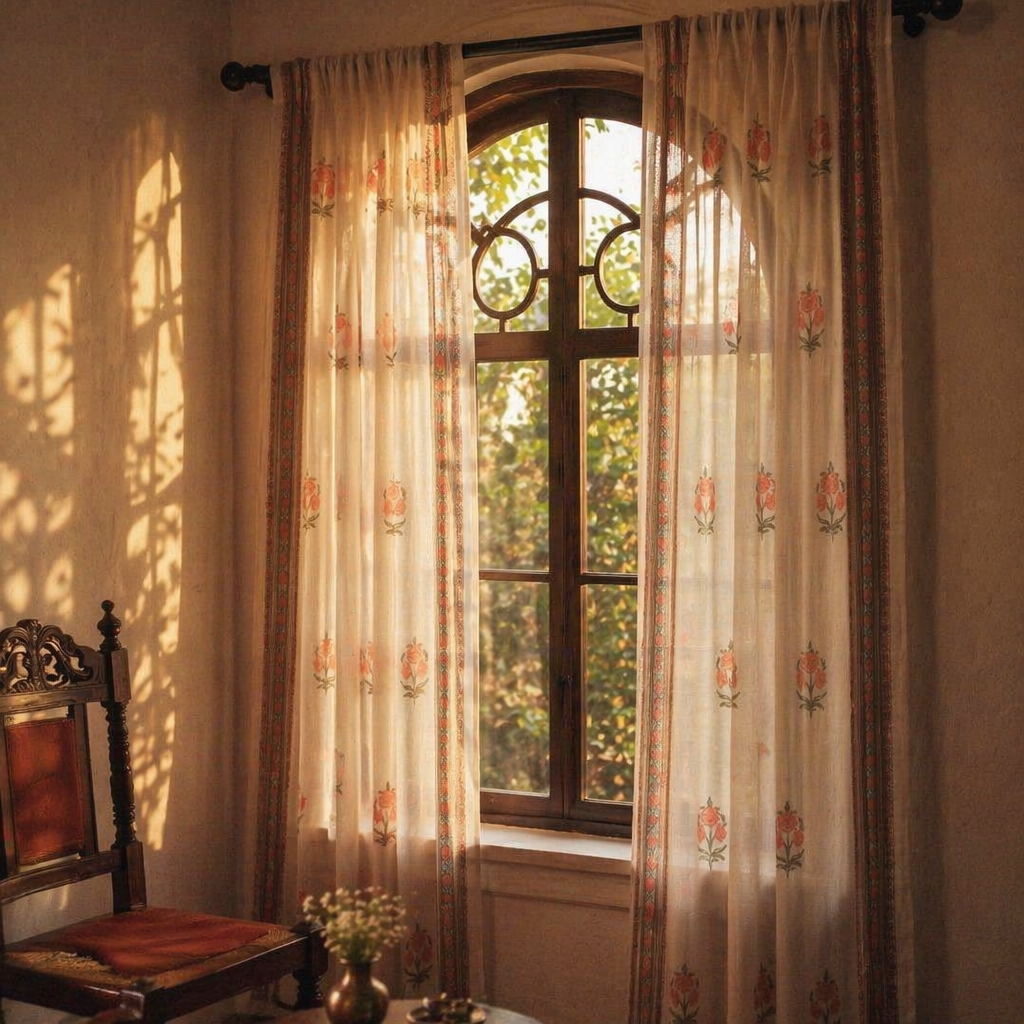 Mulmul Sheer Hand-Printed Green and Dusty Pink Curtain, The Draped Window. Handmade in India by House of Taraasha.