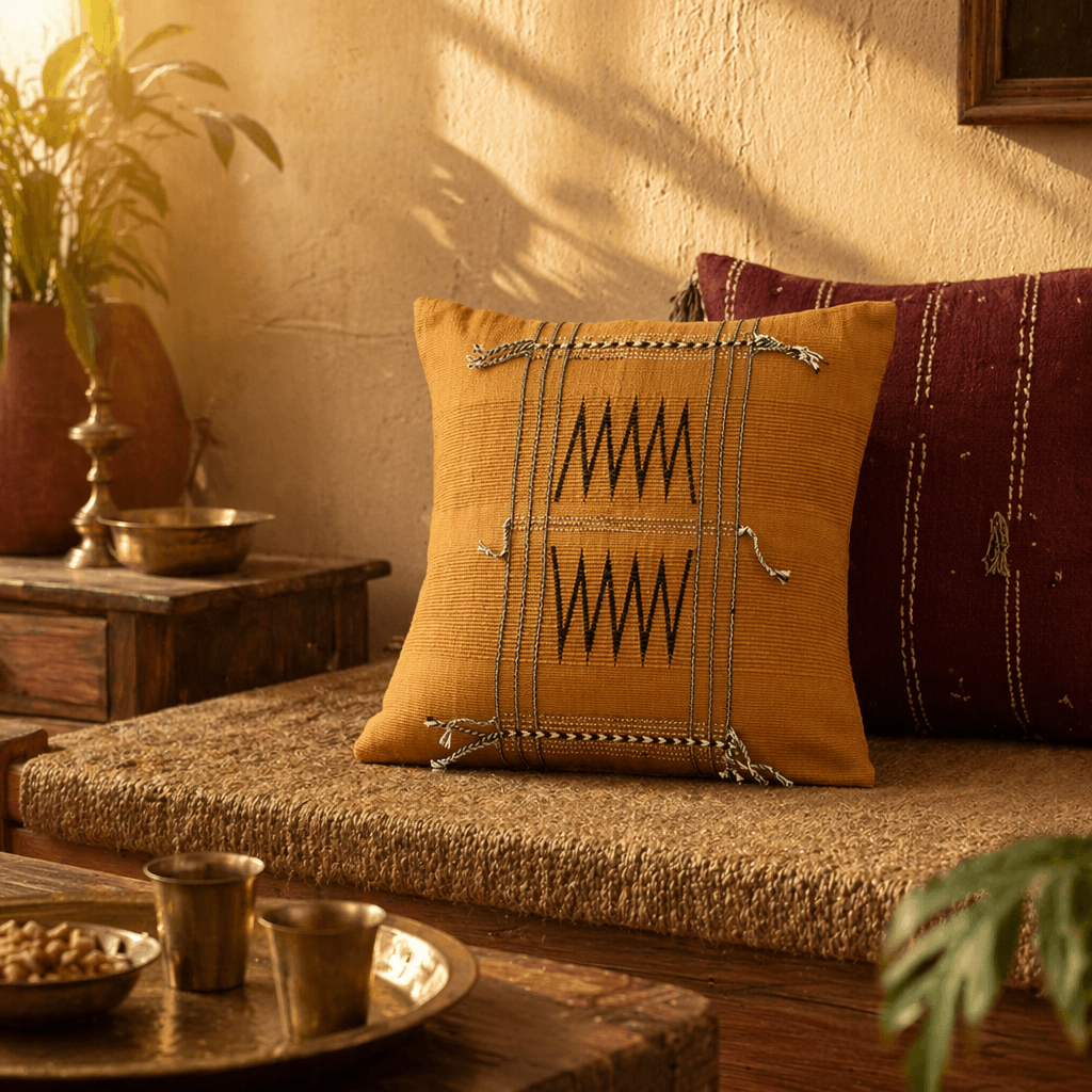 Naga Mustard Backstrap-Loom Woven Tribal Cushion Cover, The Living Room. Handmade in India by House of Taraasha.