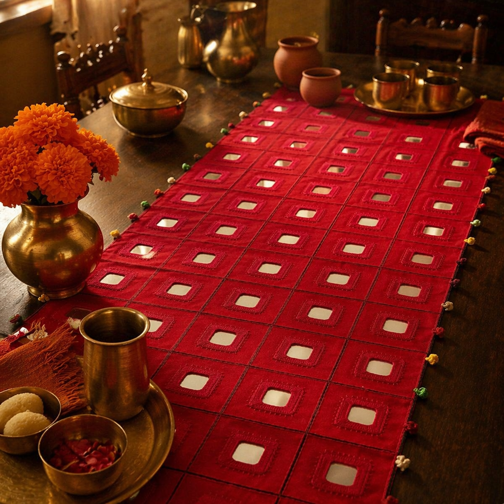 Lambani Mirror-Work Runner Scarlet, The Gathered Table. Handmade in India by House of Taraasha.