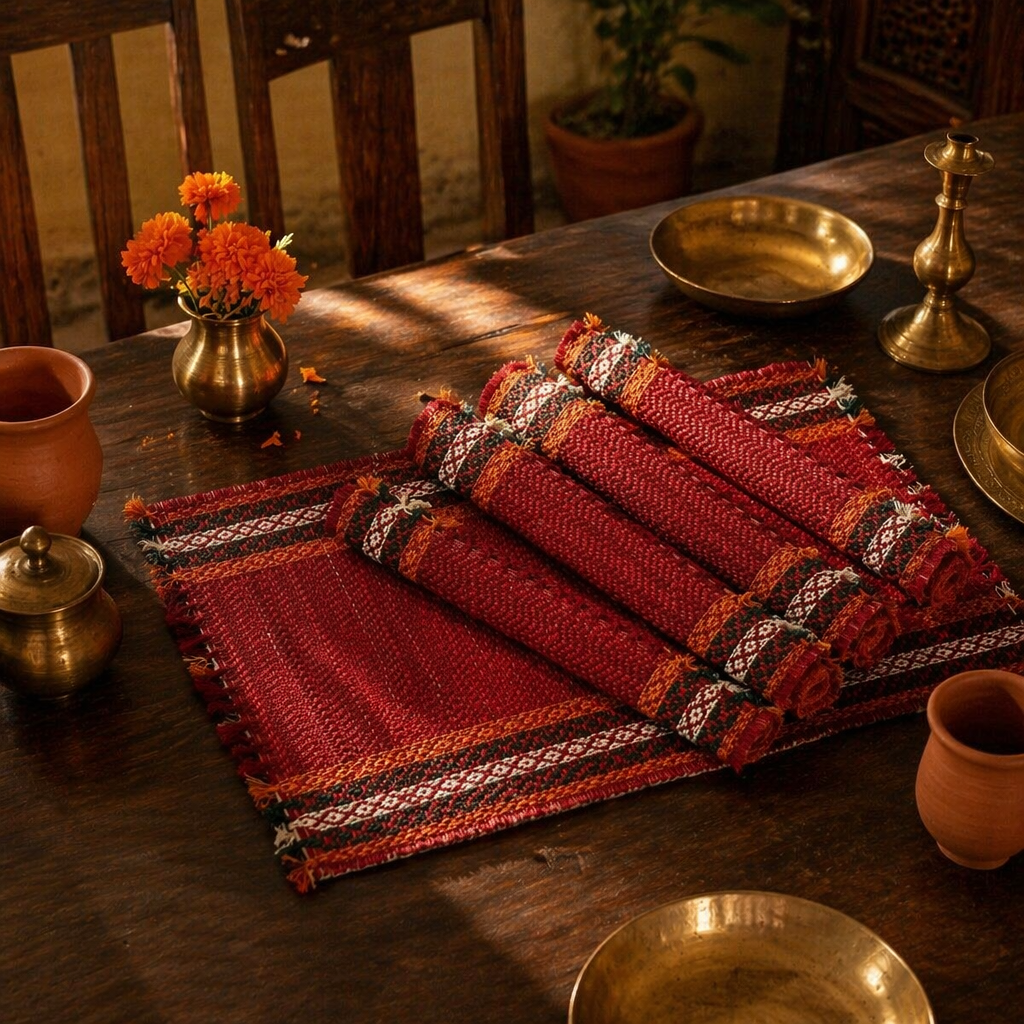 Ruby Red Handwoven Grass Table Mat, The Gathered Table. Handmade in India by House of Taraasha.