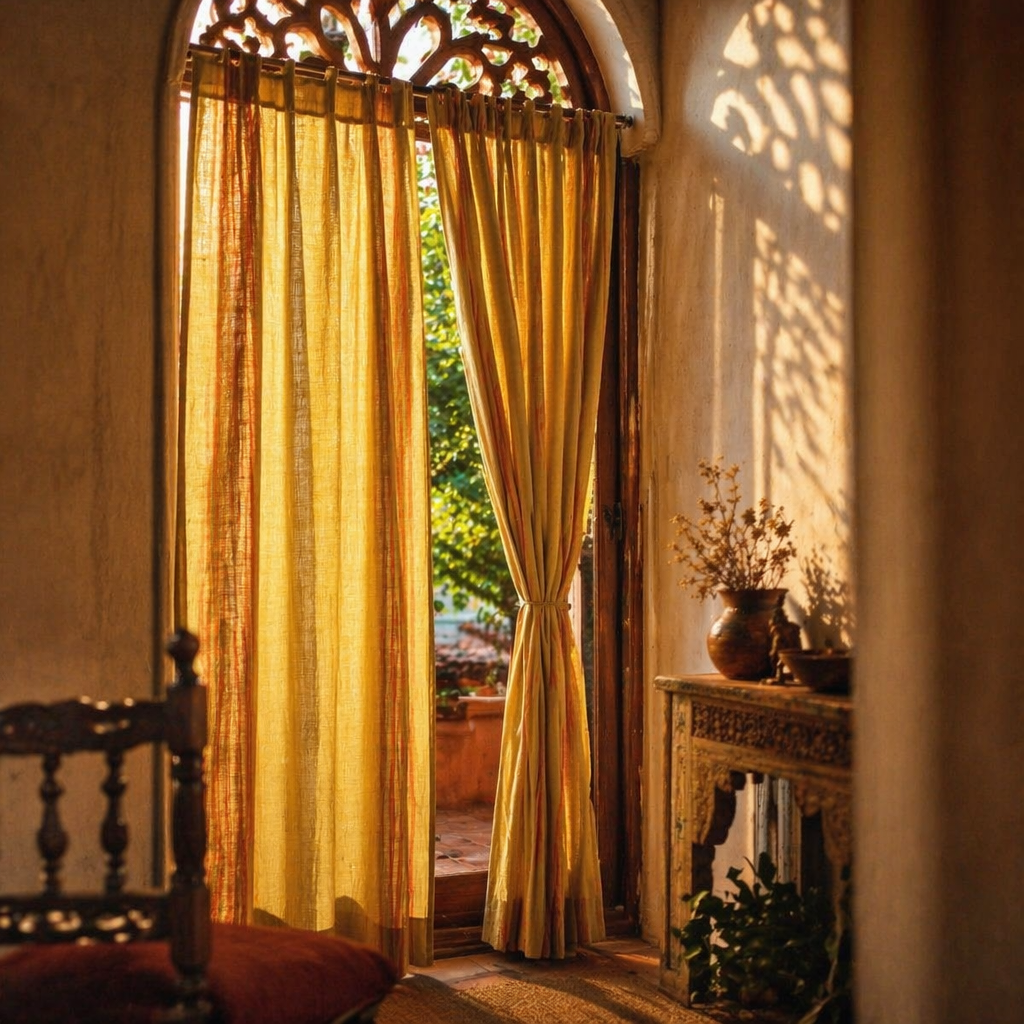 Handwoven Solid Matcha Green Cotton Door Curtain, The Draped Window. Handmade in India by House of Taraasha.