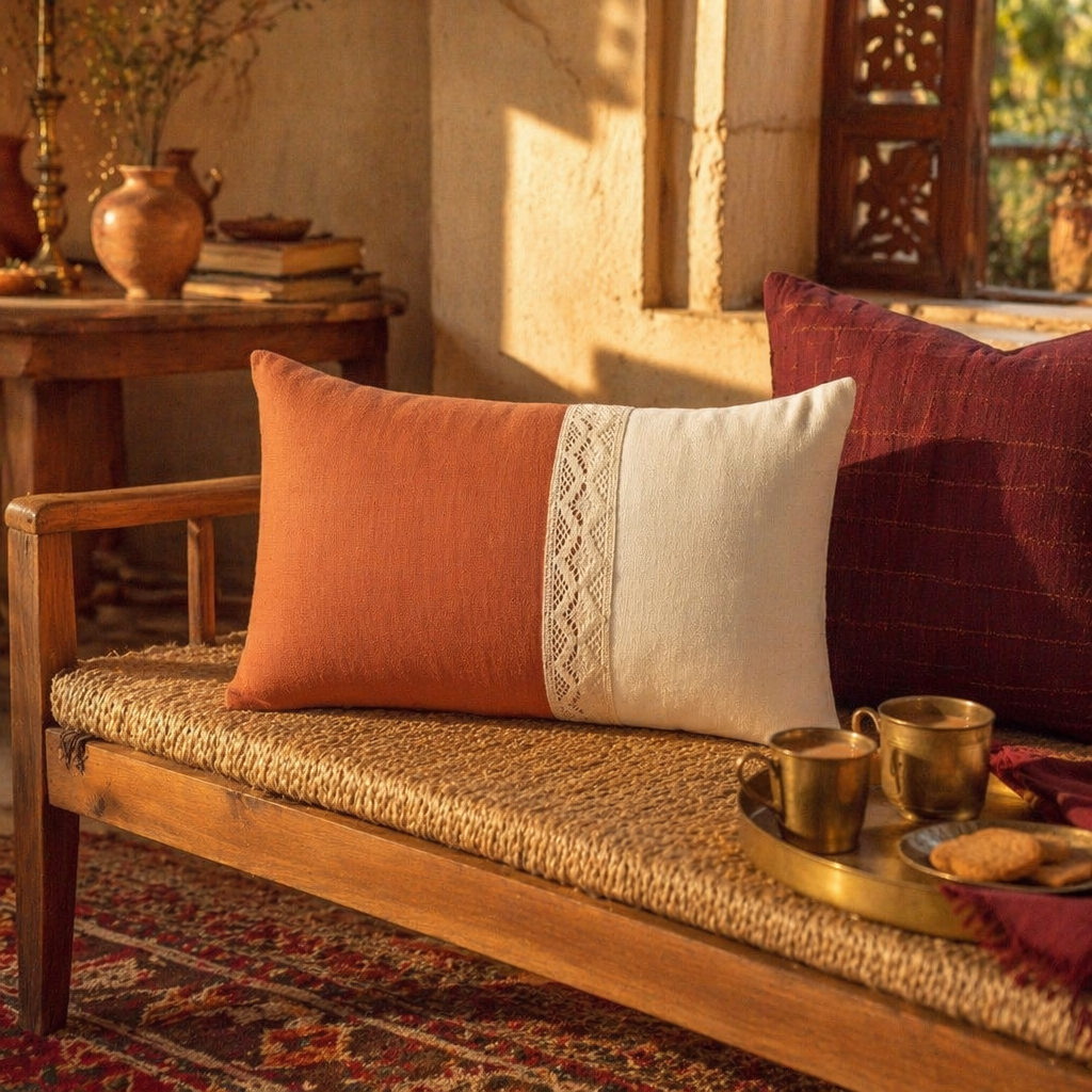 Rust and Off-White Crochet Bolster Cushion Cover, The Living Room. Handmade in India by House of Taraasha.