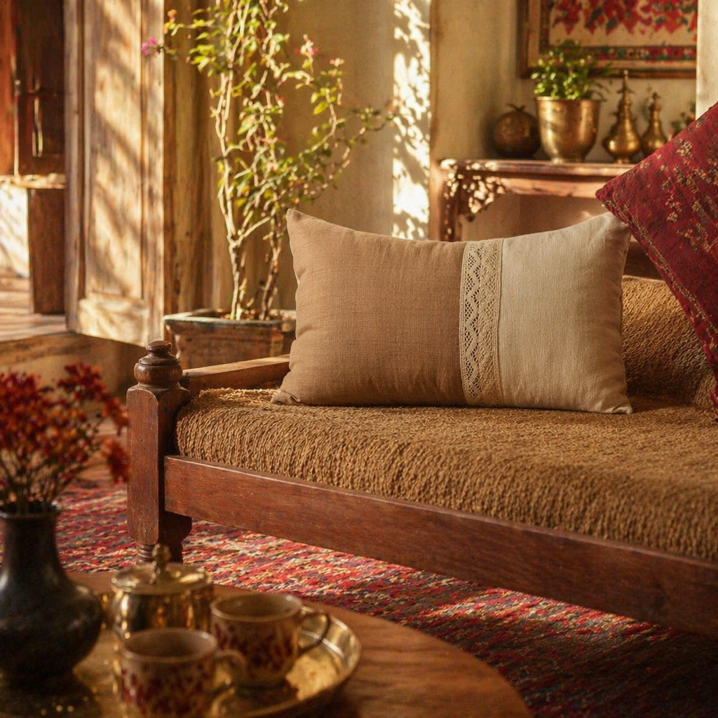 Taupe and Off White Rectangular Crochet Cushion Cover, The Living Room. Handmade in India by House of Taraasha.