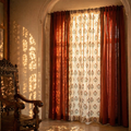 Royal Courtyards Rust & Maroon Woven-Printed Set of Three, The Draped Window. Handmade in India by House of Taraasha.
