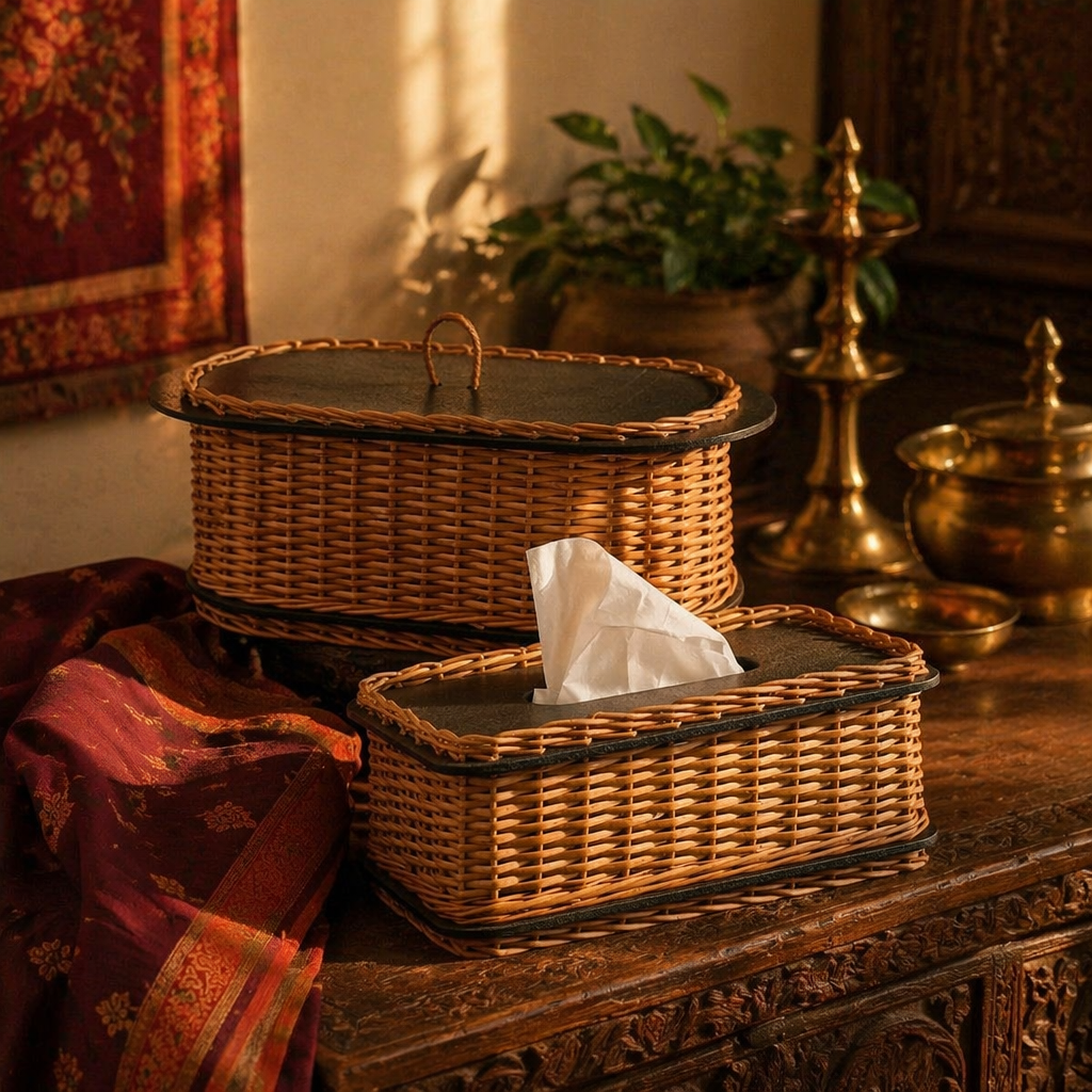 Kashmiri Willow Wicker Bread Box & Tissue Holder, The Wicker House. Handmade in India by House of Taraasha.