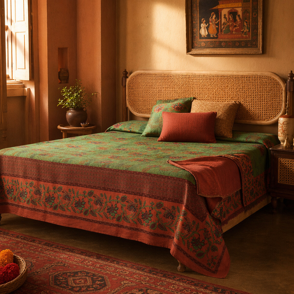 Chintz Revival Green and Brick Red Bed Cover, The Linen Room. Handmade in India by House of Taraasha.