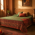Chintz Revival Green and Brick Red Bed Cover, The Linen Room. Handmade in India by House of Taraasha.