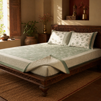 Teal & Off-White Jaipuri Marigold Bedsheet, The Linen Room. Handmade in India by House of Taraasha.