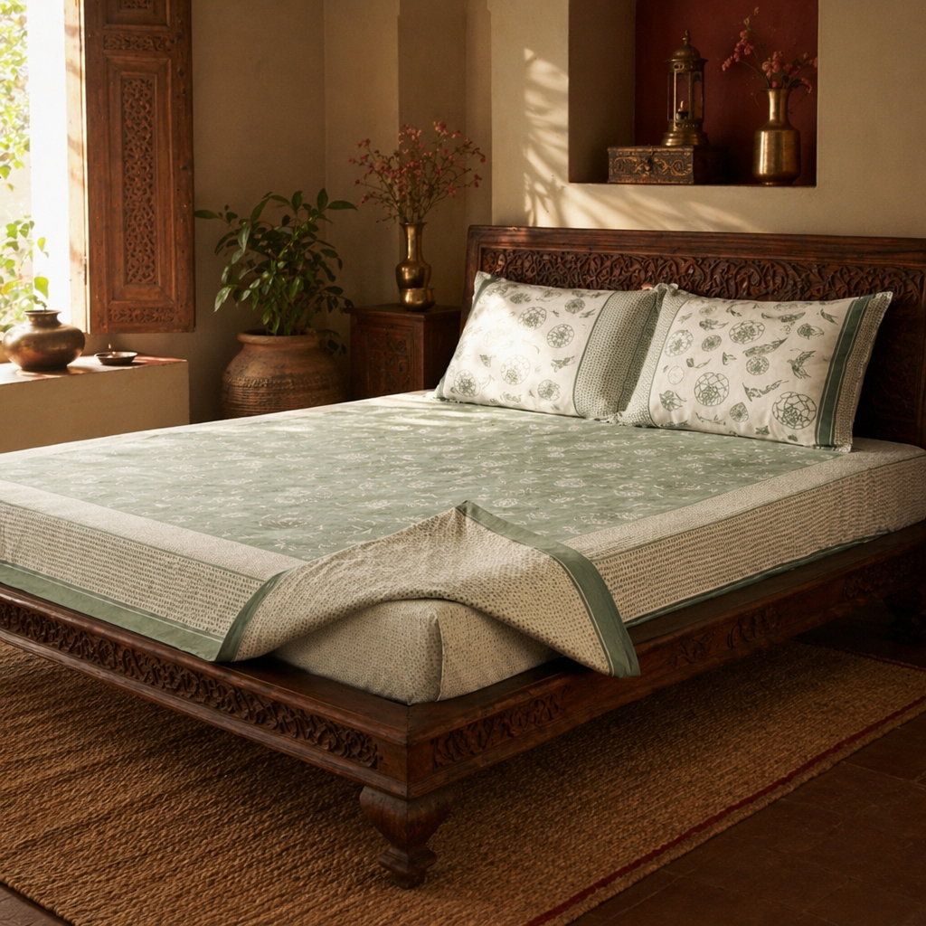 Teal & Off-White Jaipuri Marigold Bedsheet, The Linen Room. Handmade in India by House of Taraasha.
