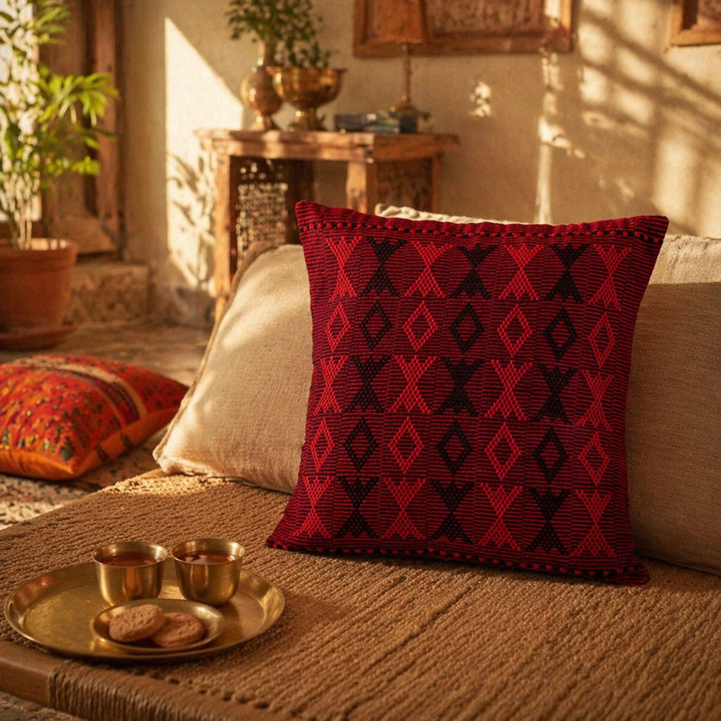 Naga Arrowhead Backstrap-Woven Red and Black Cushion Cover, The Living Room. Handmade in India by House of Taraasha.