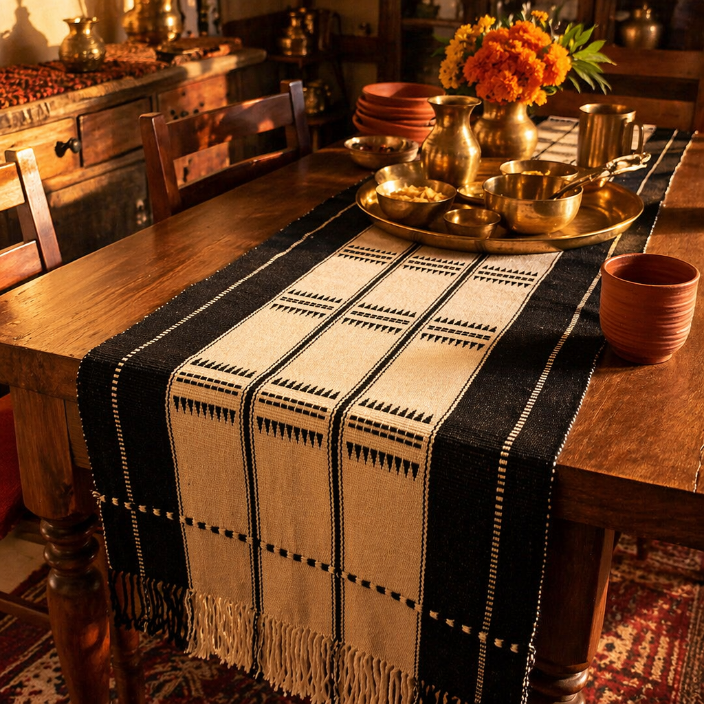 Naga Backstrap-Woven Runner Monochrome Stripe, The Gathered Table. Handmade in India by House of Taraasha.