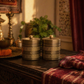 Kanjeevaram Antique Brass Kitchen Jar Duo, The Brass Atelier. Handmade in India by House of Taraasha.
