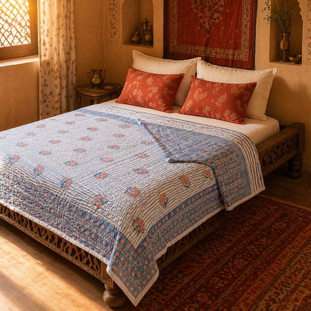 Dusty Pink & Blue Reversible Mulmul Quilt, The Linen Room. Handmade in India by House of Taraasha.