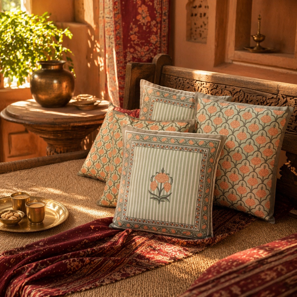 Jaali and Floral Green and Dusty Pink Cushion Cover Set of 5, The Living Room. Handmade in India by House of Taraasha.