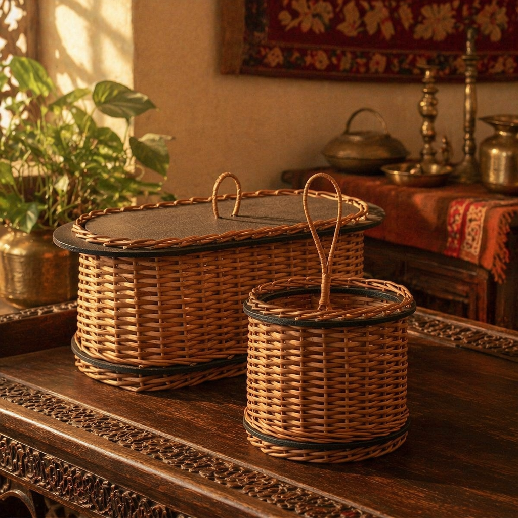 Kashmir Willow Bread Box & Cutlery Caddy, The Wicker House. Handmade in India by House of Taraasha.