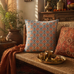 Jaali and Floral Blue and Dusty Pink Cushion Cover Set, The Living Room. Handmade in India by House of Taraasha.
