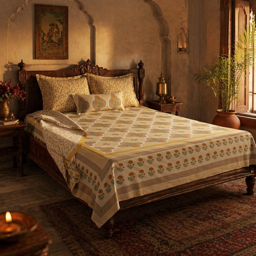 Jaali Ivory and Taupe Block-Printed Bed Cover, The Linen Room. Handmade in India by House of Taraasha.